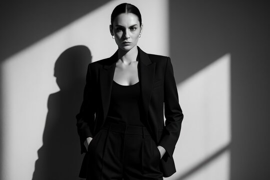 Monochrome Portrait of Woman in Suit with Dramatic Lighting - Powered by Adobe
