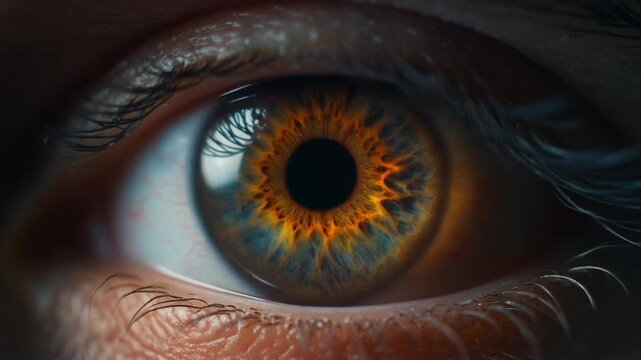 Extreme macro close-up of a human eye with a rich brown iris blinking once and the pupil dilating rapidly to fill the frame, transitioning to black.