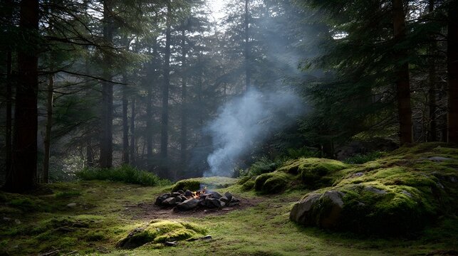 A small campfire smolders sending smoke into a misty forest clearing surrounded by moss covered rocks and trees