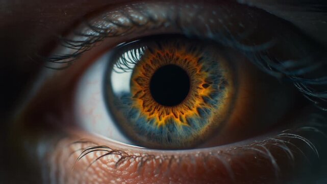 Extreme macro close-up of a human eye with a rich brown iris blinking once and the pupil dilating rapidly to fill the frame, transitioning to black.