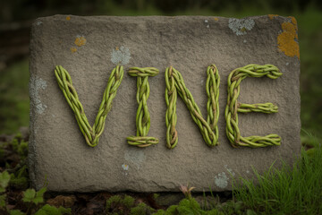 Discover the enchanting word 'VINE' artfully crafted from natural vines on a rustic stone, a captivating symbol of growth and nature's beauty for green initiatives