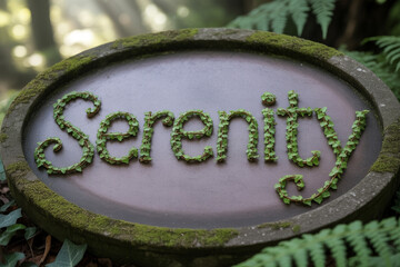 Find your inner peace with this serene nature scene, showcasing a mossy stone sign with the word "Serenity" spelled out in vibrant green vines and lush foliage