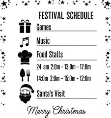 Christmas festival schedule black and white vector design with icons for winter holiday celebration and event program template.
