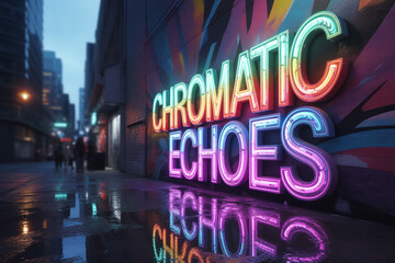 Vibrant chromatic echoes glow against a brick wall on a wet city street, reflecting neon colors and urban art, creating a dynamic, eye-catching scene at twilight
