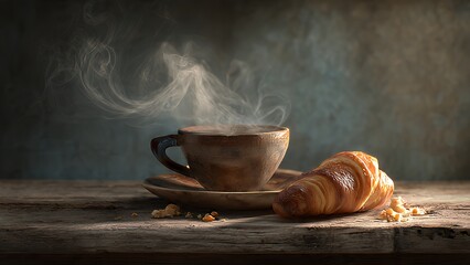 A steaming cup of coffee and a half-eaten croissant sit on a rustic wooden table. Steam rises slowly from the cup, and crumbs of the croissant are scattered across the table.
