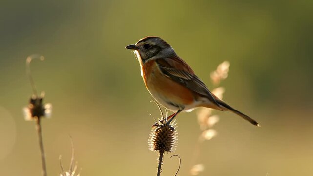 Delicate european stonechat with rich brown, vibrant orange plumage on a dried seed head in a sun-drenched golden hour meadow with ethereal bokeh lights, launches into air. Serene nature concept