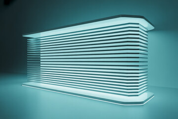 Modern reception desk with stunning blue glow perfect for futuristic office spaces, corporate lobbies, or sleek trade show booths ready to impress your clients and visitors