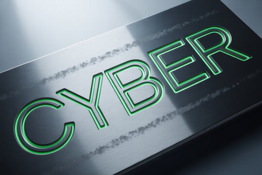 Cybersecurity concept with glowing green letters on textured metal, ideal for technology, data protection, and online security campaigns highlighting digital safety measures