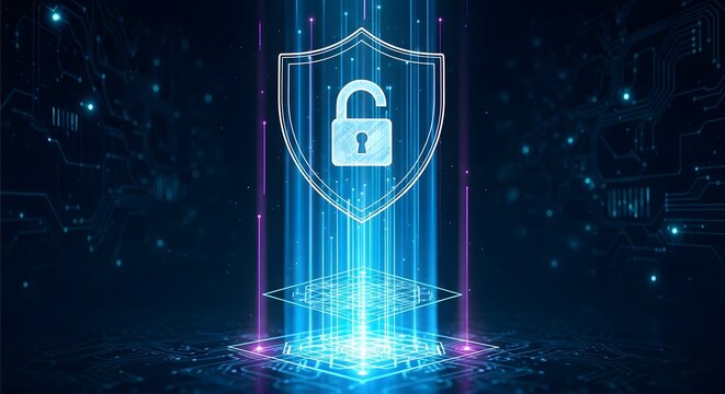 Futuristic digital security concept with a luminous unlocked shield icon representing data protection failure and system vulnerability