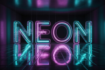 Stunning neon sign shining bright with vibrant turquoise and pink lights, perfect for modern advertising campaigns or a stylish retro themed backdrop