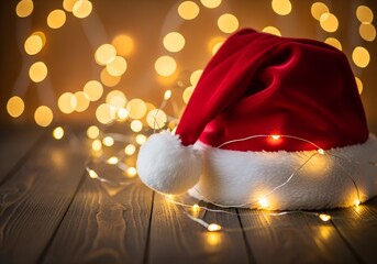 Santa Claus hat with glowing fairy lights on wooden table at Christmas night