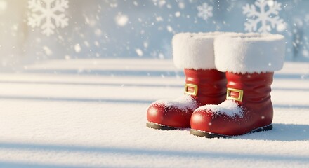 Santa Claus red boots standing on fresh snow in winter sunlight