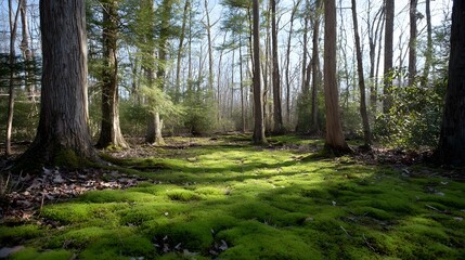 Fototapeta premium Sunlit forest floor carpeted in vibrant green moss illuminated by d d light filtering through trees