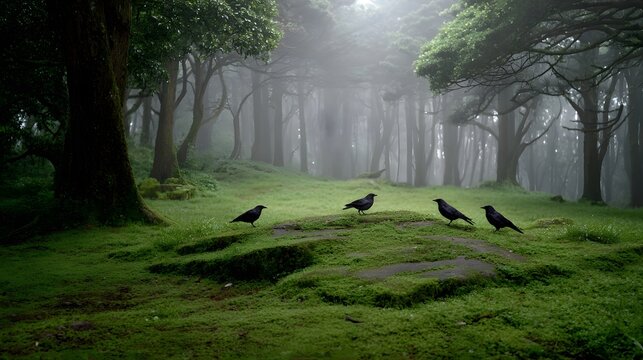 Mysterious misty forest scene with several black birds standing on a lush moss covered ground