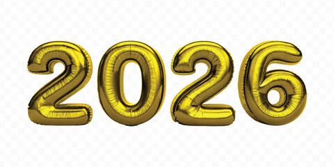 realistic 3d 2026 typography made by with different color foil balloons isolated on transparent background