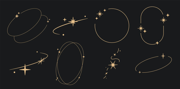 Sparkle star frame. wreath round stardust border for party, birthday decor design. laurel frame with, cosmic glitter shine. isolated black flat vector illustration.