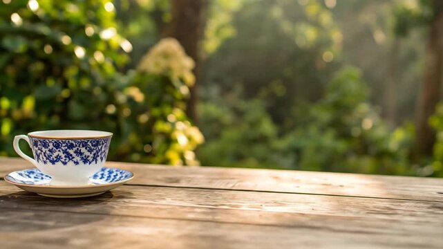 A delicate teacup and saucer with floral pattern sit on a wooden table, in front of greenery