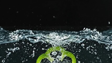 Green Bell Pepper Slice Splashing into Clear Water - Powered by Adobe