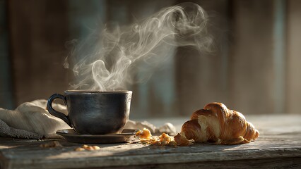 A steaming cup of coffee and a half-eaten croissant sit on a rustic wooden table. Steam rises slowly from the cup, and crumbs of the croissant are scattered across the table.