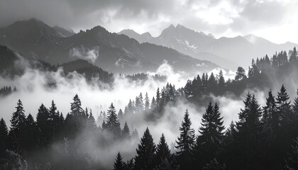Grayscale forest amidst mist, framed by mountain peaks under a cloudy sky; ethereal and peaceful scenery