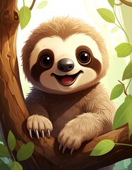 Obraz premium A cute, smiling sloth perches in a tree, surrounded by green leaves and bathed in soft sunlight. Its fur is brown and beige