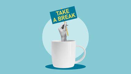Take a break from work or little rest. Collage with a hand with sign from the coffee cup