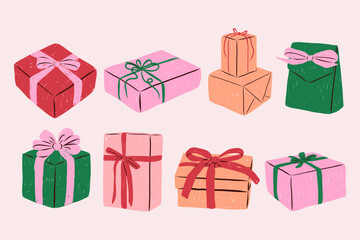 Hand drawn vector set of gift boxes with ribbons and bows.