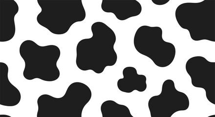 Coww texture. Seamless pattern woth repeated black and white lactic. Print with spot cow skin. Milk pattern.