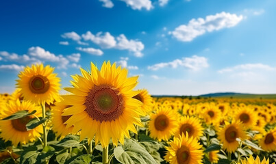 Obraz premium Sunflower field with cloudy blue sky. Sunflowers landscape