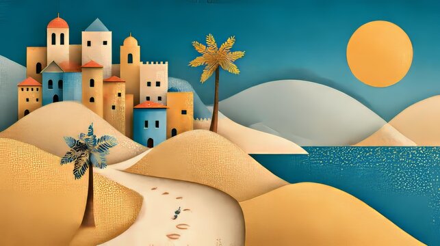 Stylized Coastal Village Landscape Illustration Art