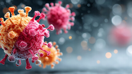 Creative 3d rendering of diverse virus strains interacting, symbolizing mutation theory, immunity, and evolutionary biology.