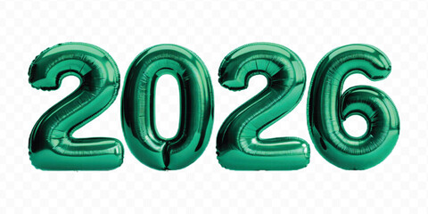realistic 3d 2026 typography made by with different color foil balloons isolated on transparent background