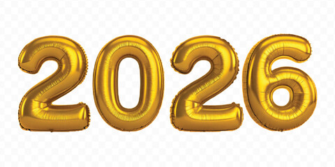 realistic 3d 2026 typography made by with different color foil balloons isolated on transparent background