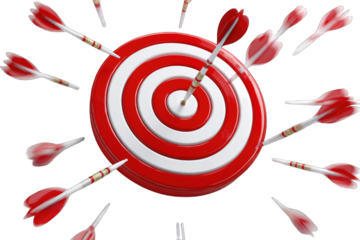 Red dartboard with many darts clustered around it, several hitting the target, implying precision and aiming