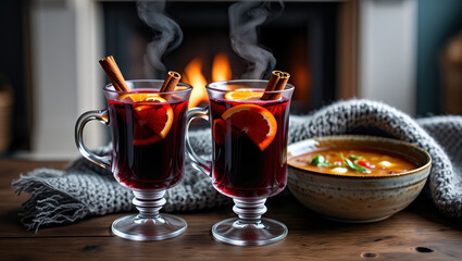Mulled wine with orange slices cozy winter warm tones holiday gatherings-