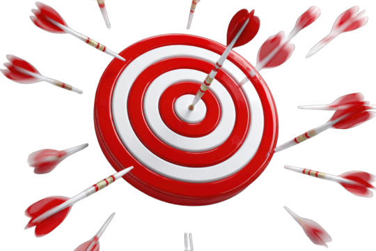 Red dartboard with many darts clustered around it, several hitting the target, implying precision and aiming