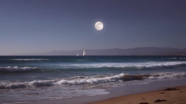 A serene moonlit seascape with gentle waves rolling onto a sandy shore and distant sailboats under a clear night sky