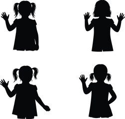 Children silhouette, waving kids, playful gesture, black outline, diverse hairstyles, minimal design, child pose, vector art, isolated, white background