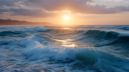 A breathtaking sunset casts a warm glow over dynamic ocean waves and a dramatic sky