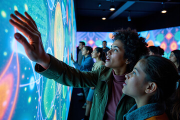 Group of engaged visitors interacting with a large, glowing interactive digital screen at a modern museum exhibit