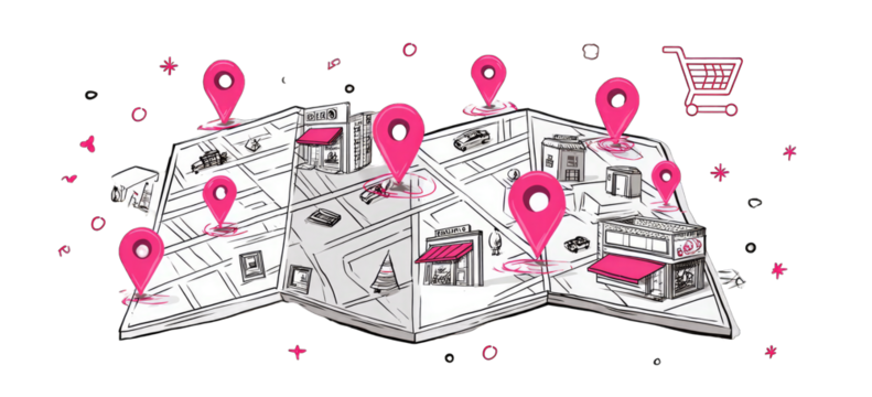 Folded map with pink location markers showing various shops