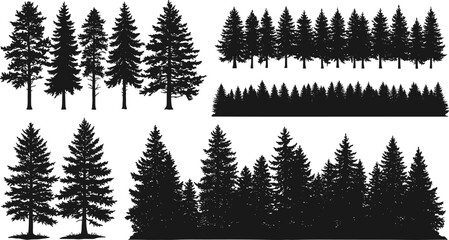 Conifer tree silhouettes, forest shapes, pine tree clusters, nature pattern, woodland density, evergreen outlines, black trees, landscape elements, vector illustration