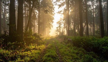 Misty forest path with golden morning sunlight filtering through tall pine trees and lush green undergrowth