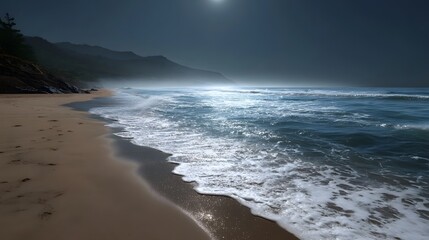 Serene beach at twilight with gentle ocean waves swirling mist and distant mountains