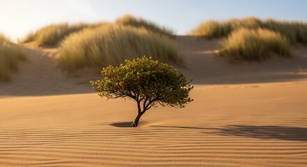 Illustration of a lone tree stands resiliently in the vast, sundrenched sand dunes