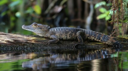 Young alligator resting on log in swamp
