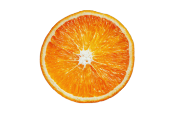 Close-up of an orange slice, vibrant orange, circular shape, detailed segments
