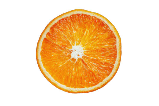 Close-up of an orange slice, vibrant orange, circular shape, detailed segments