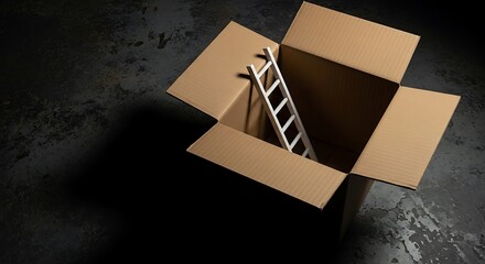 Illustration of ladder inside an open cardboard box on a dark, textured surface