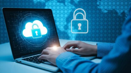 Man using laptop with cloud security system for data protection concept - Powered by Adobe